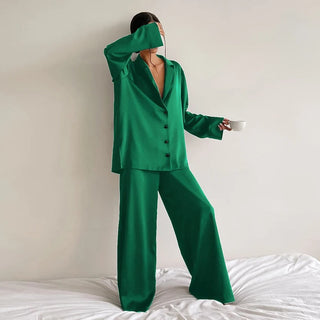 Oversized Silk Pajama Set for Women – Chic Low-Cut Neckline and Wide-Leg Pants in Soft Satin-Like Fabric-5