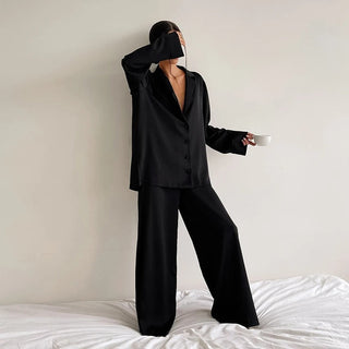 Oversized Silk Pajama Set for Women – Chic Low-Cut Neckline and Wide-Leg Pants in Soft Satin-Like Fabric-1