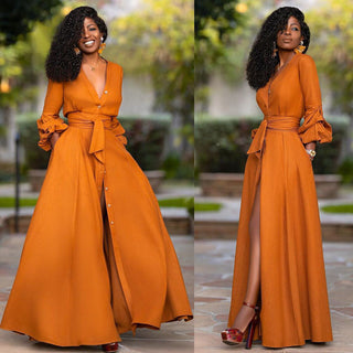 Seraphina – Elegant Buttoned Maxi Dress with Waist Tie