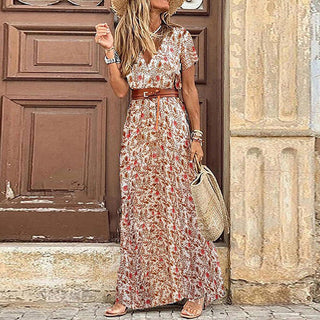 Isabella – Bohemian Maxi Dress with V-Neck and Short Sleeves