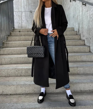 Double-Breasted Wool Coat for Women – Elegant Long Belted Style