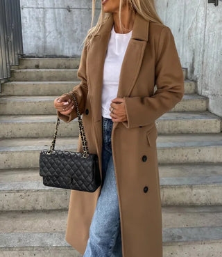 Double-Breasted Wool Coat for Women – Elegant Long Belted Style