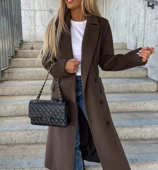 Double-Breasted Wool Coat for Women – Elegant Long Belted Style