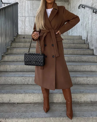 Double-Breasted Wool Coat for Women – Elegant Long Belted Style