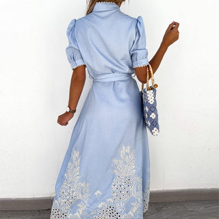 Vespera – Elegant Embroidered Blue Midi Dress