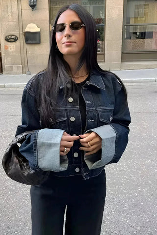 Cropped Denim Jacket for Women with Loose Sleeves – Stylish Casual Outerwear in Various Denim Shades-3