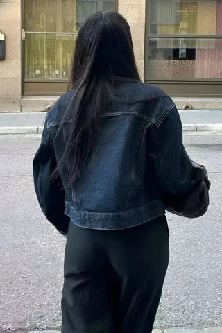 Cropped Denim Jacket for Women with Loose Sleeves – Stylish Casual Outerwear in Various Denim Shades-4